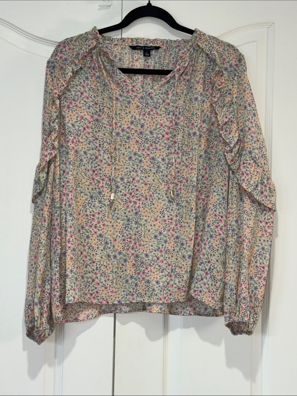 Zac & Rachel Floral Ruffle Shoulder Long Sleeve Peasant Blouse Top - Size L